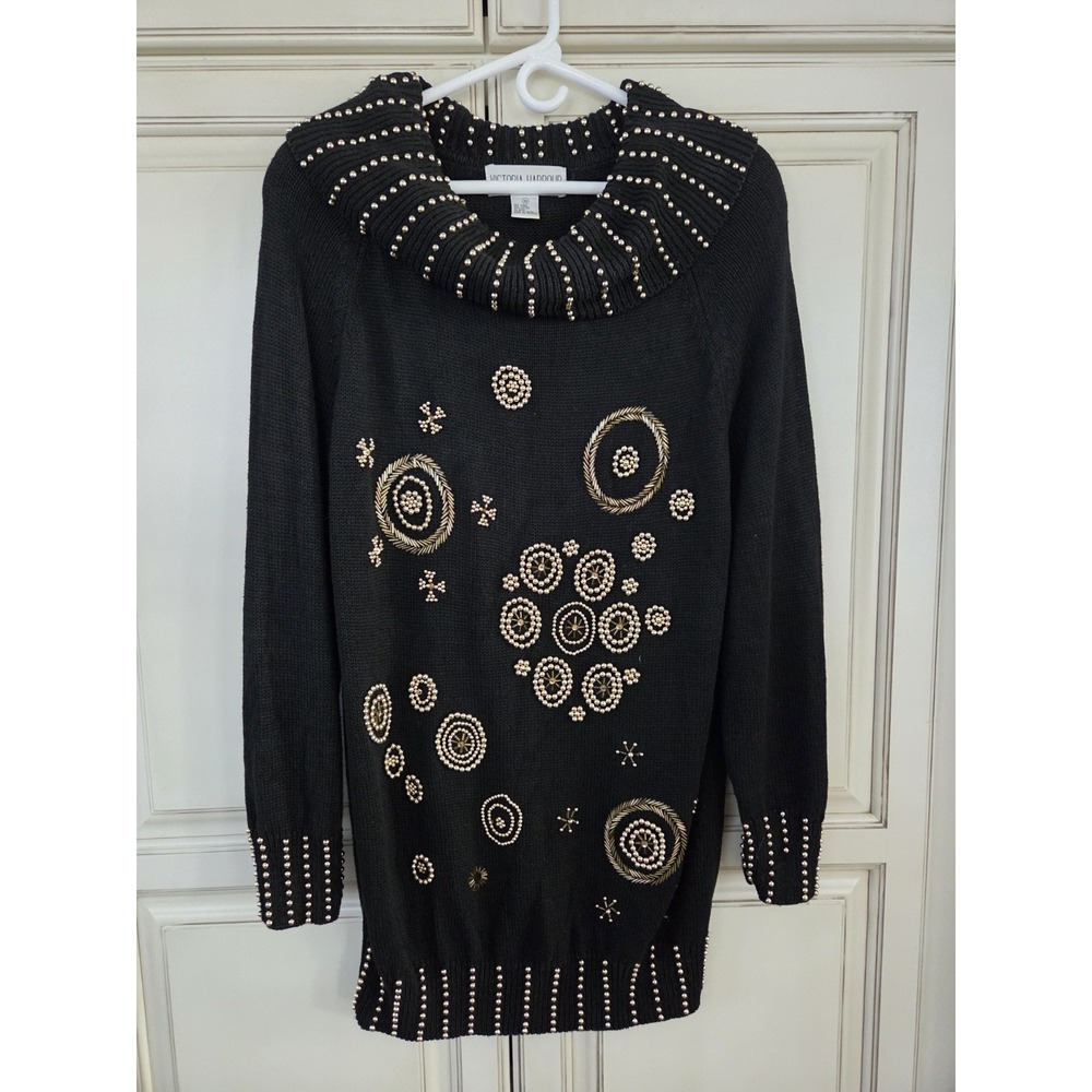 Vtg Victoria Harbour Tunic Sweater‎ Dress Women's Medium 80s Bejeweled Holiday